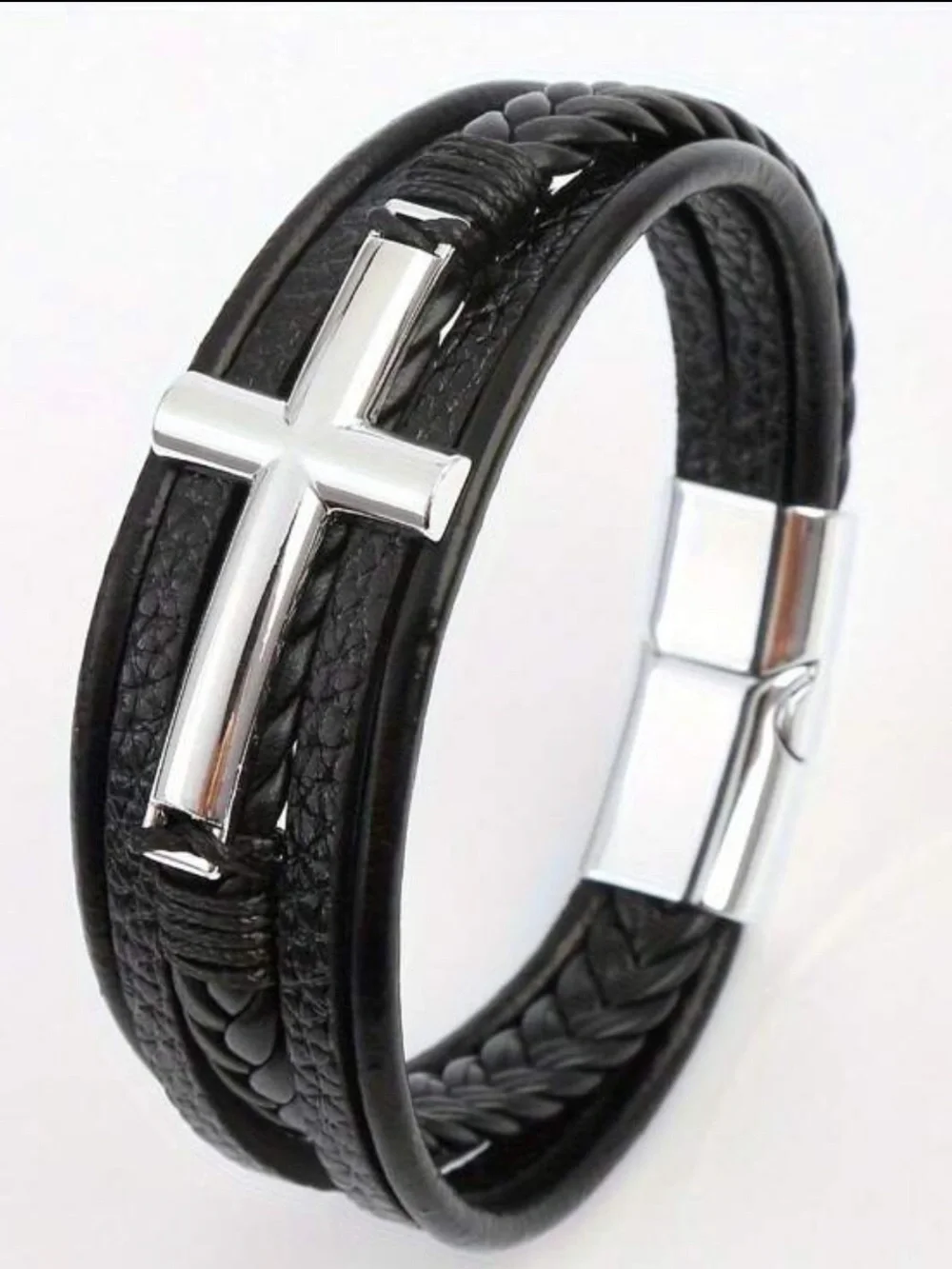 Faux Black Leather Bracelet with Gold Cross, Braided Faux Leather Cross Bracelet